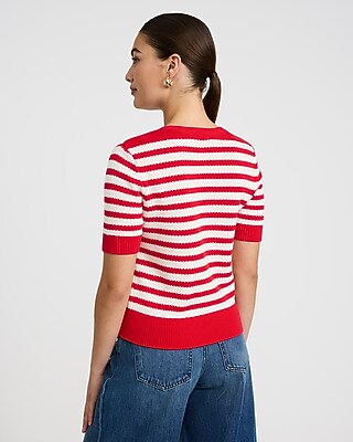 Cotton Striped Notch Neck Bow Front Short Sleeve Sweater