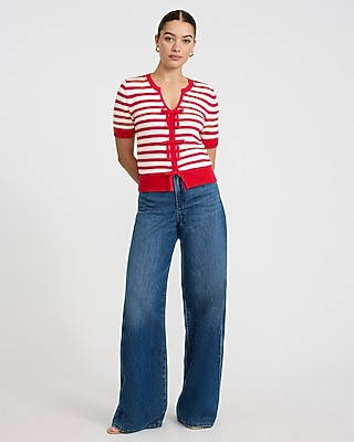 Cotton Striped Notch Neck Bow Front Short Sleeve Sweater