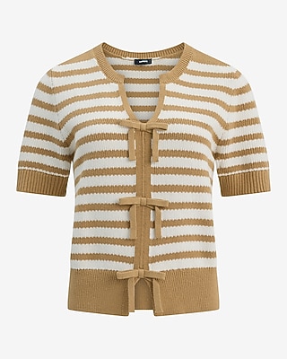 Cotton Striped Notch Neck Bow Front Short Sleeve Sweater