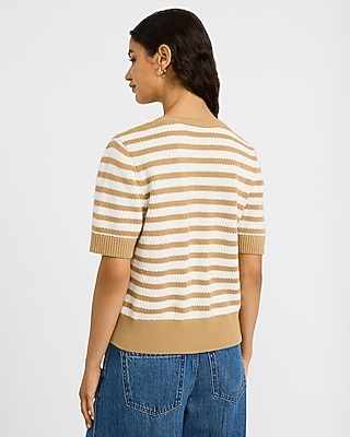 Cotton Striped Notch Neck Bow Front Short Sleeve Sweater