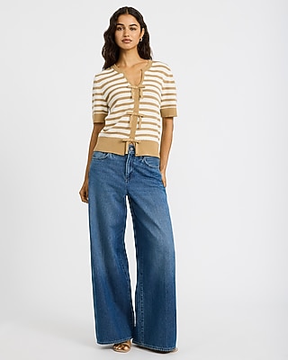 Cotton Striped Notch Neck Bow Front Short Sleeve Sweater
