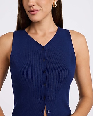 Fitted Ribbed V-Neck Button Front Sweater Vest