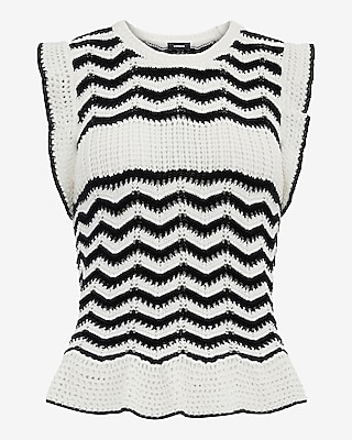 Cotton Chevron Tipped Crew Neck Ruffle Trim Sweater