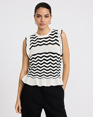 Cotton Chevron Tipped Crew Neck Ruffle Trim Sweater