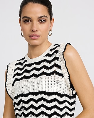 Cotton Chevron Tipped Crew Neck Ruffle Trim Sweater