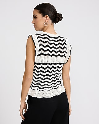 Cotton Chevron Tipped Crew Neck Ruffle Trim Sweater