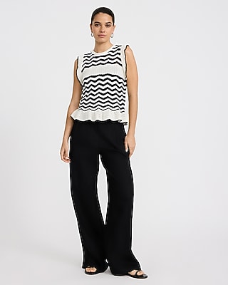 Cotton Chevron Tipped Crew Neck Ruffle Trim Sweater