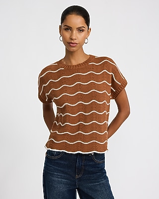 Wavy Striped Short Sleeve Scalloped Sweater