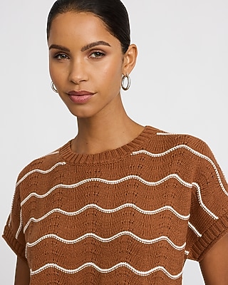 Wavy Striped Short Sleeve Scalloped Sweater