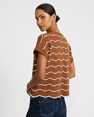 Wavy Striped Short Sleeve Scalloped Sweater