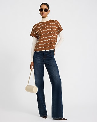 Wavy Striped Short Sleeve Scalloped Sweater