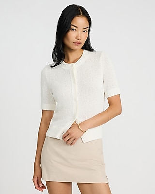 Textured Short Sleeve Button Front Cardigan