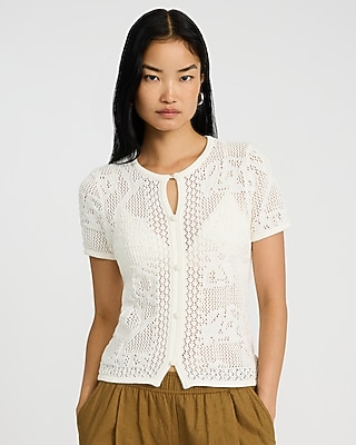 Cotton Open Stitch Crew Neck Keyhole Button Front Top | Express