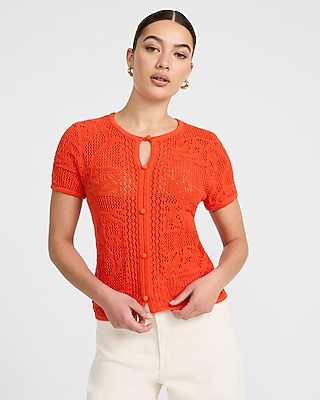 Cotton Open Stitch Crew Neck Keyhole Button Front Top | Express