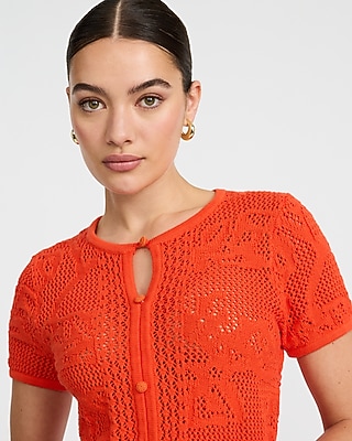 Cotton Open Stitch Crew Neck Keyhole Button Front Top - thumbnail 7