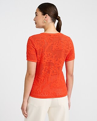 Cotton Open Stitch Crew Neck Keyhole Button Front Top - thumbnail 8