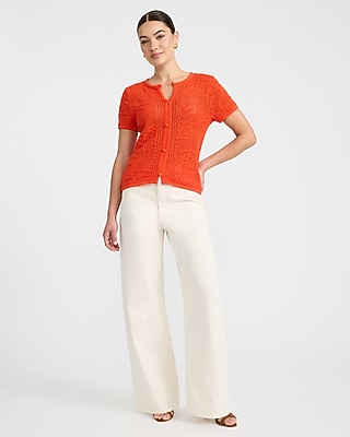 Cotton Open Stitch Crew Neck Keyhole Button Front Top - thumbnail 9