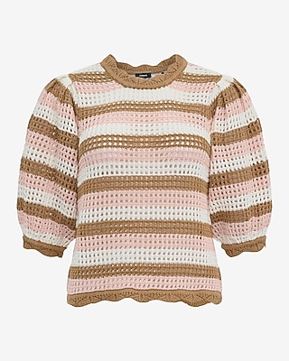 Cotton Striped Open Stitch Crochet Puff Sleeve Sweater