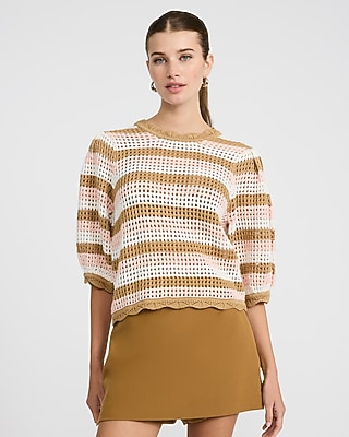 Cotton Striped Open Stitch Crochet Puff Sleeve Sweater