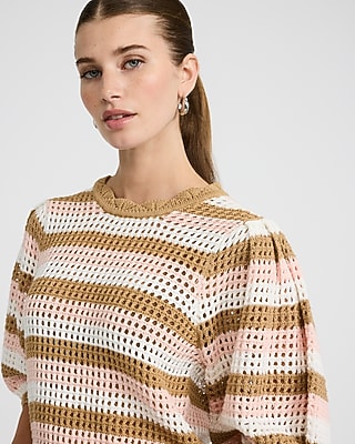 Cotton Striped Open Stitch Crochet Puff Sleeve Sweater