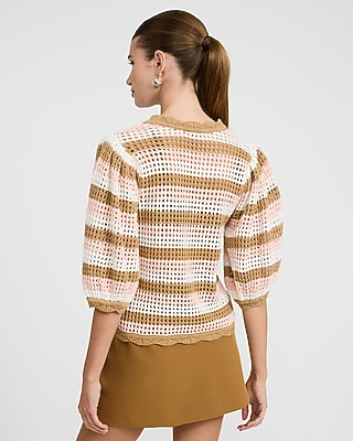 Cotton Striped Open Stitch Crochet Puff Sleeve Sweater