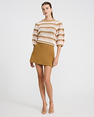 Cotton Striped Open Stitch Crochet Puff Sleeve Sweater