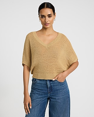 Sheer Textured Slub V-Neck Dolman Sleeve Sweater