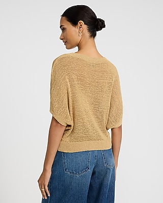 Sheer Textured Slub V-Neck Dolman Sleeve Sweater