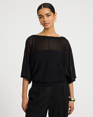 Sheer Boat Neck Dolman Sleeve Banded Sweater