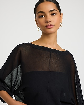 Sheer Boat Neck Dolman Sleeve Banded Sweater