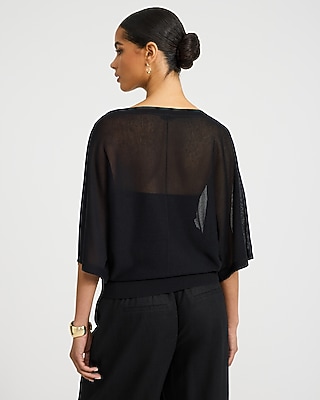Sheer Boat Neck Dolman Sleeve Banded Sweater