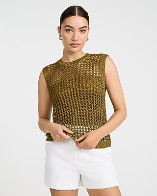 Open Stitch Crew Neck Sleeveless Sweater Tank