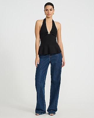 Halter V-Neck Novelty Hardware Peplum Tank