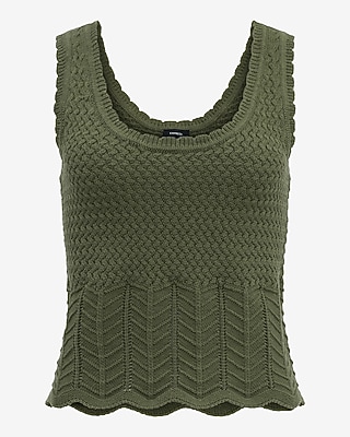 Cotton Pointelle Scoop Neck Scalloped Sweater Tank