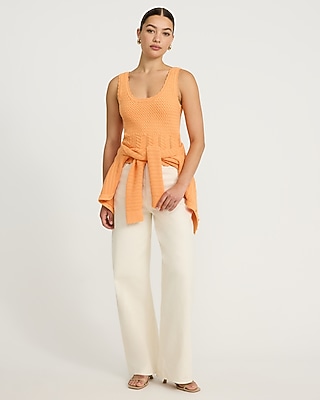 Cotton Pointelle Scoop Neck Scalloped Sweater Tank