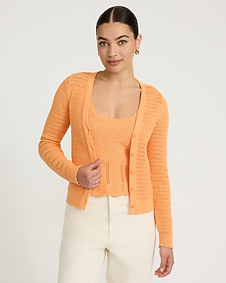 Cotton Pointelle V-Neck Long Sleeve Lightweight Cardigan