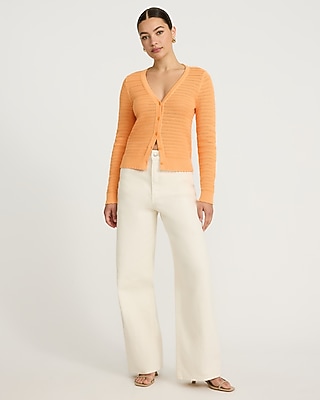Cotton Pointelle V-Neck Long Sleeve Lightweight Cardigan