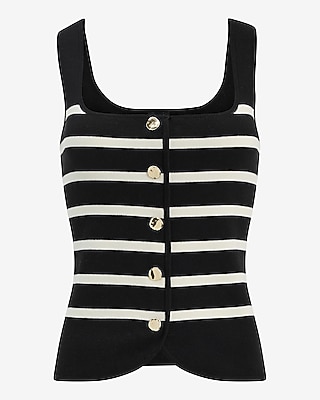 Cotton Striped Square Neck Novelty Button Tailored Sweater Vest