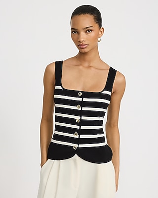 Cotton Striped Square Neck Novelty Button Tailored Sweater Vest