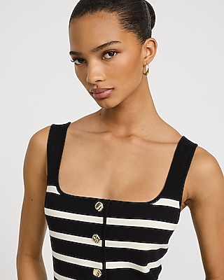 Cotton Striped Square Neck Novelty Button Tailored Sweater Vest