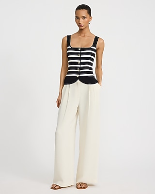 Cotton Striped Square Neck Novelty Button Tailored Sweater Vest