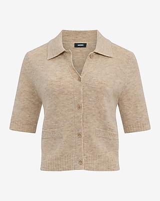 Skimming Short Sleeve Button Down Collared Sweater