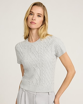 Skimming Cable Knit Crew Neck Short Sleeve Sweater