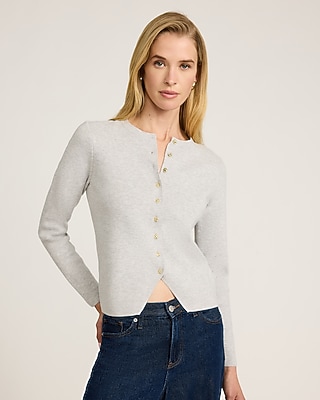 Fitted Airy Soft Ribbed Novelty Button Cutaway Cardigan - image 5