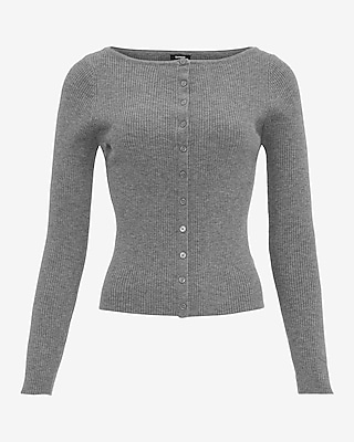 Fitted Ribbed Boat Neck Cardigan