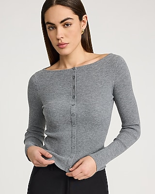 Fitted Ribbed Boat Neck Cardigan
