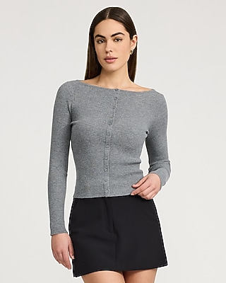 Fitted Ribbed Boat Neck Cardigan