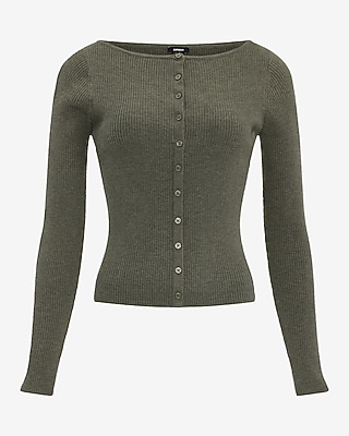 Fitted Ribbed Boat Neck Cardigan