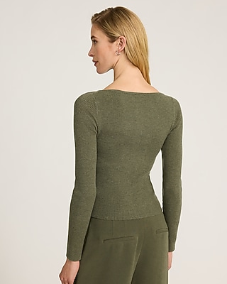 Fitted Ribbed Boat Neck Cardigan