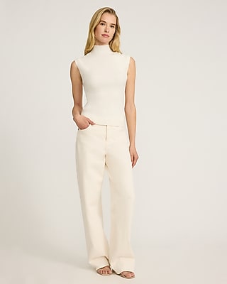 Fitted Airy Soft Ribbed Mock Neck Cap Sleeve Sweater - image 3